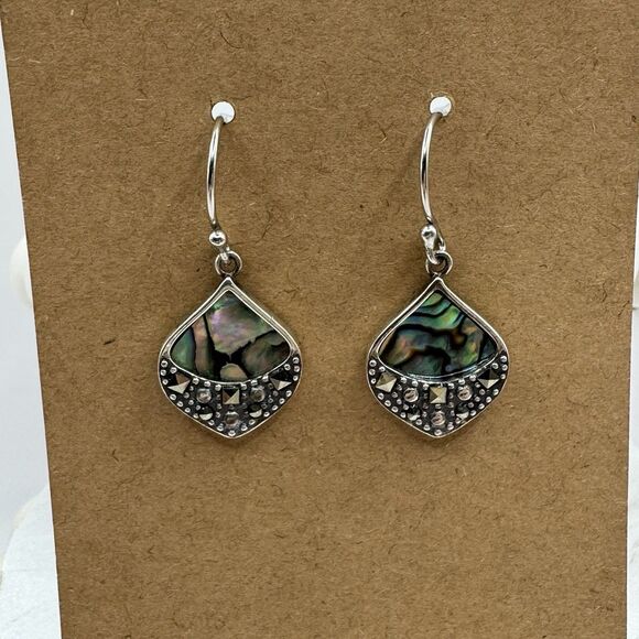 Sterling Silver Abalone Marcasite Sparkling Iridescent Drop Earrings SLC 925 Th - Picture 6 of 16